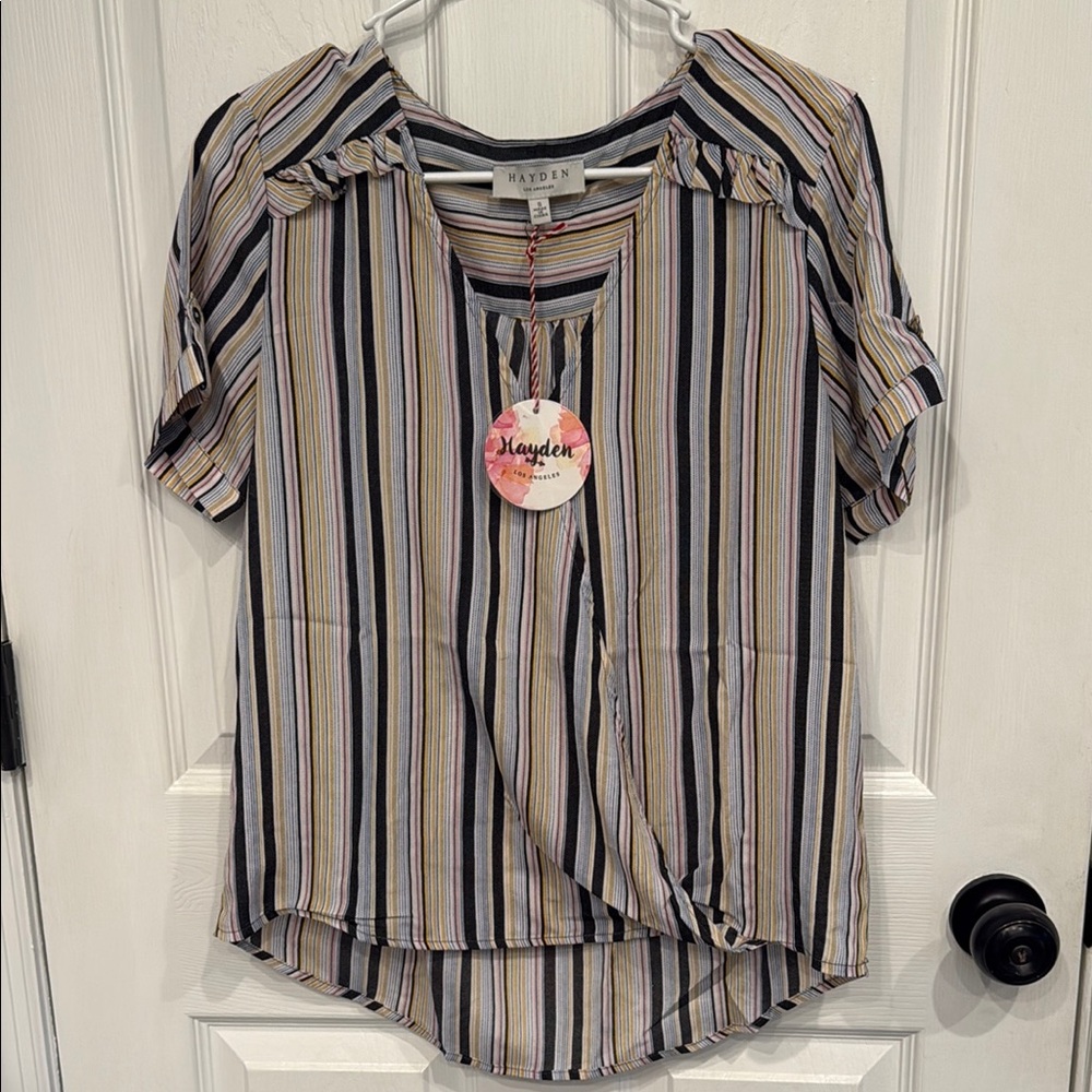 Hayden Multicolored Crossover Front Blouse Cuffed Sleeve